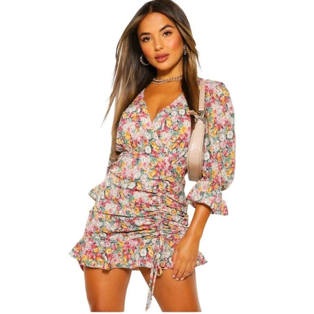 Boohoo‎ Petite Long Sleeve Floral Ruched Wrap Dress, Size 4 Woven Mini